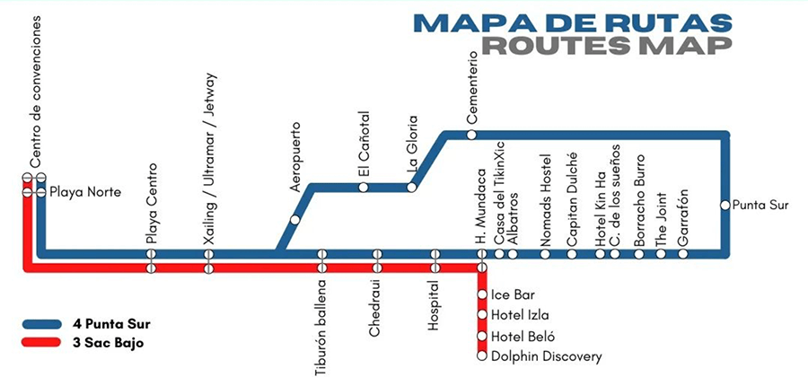 Routes for the bus on Isla Mujeres